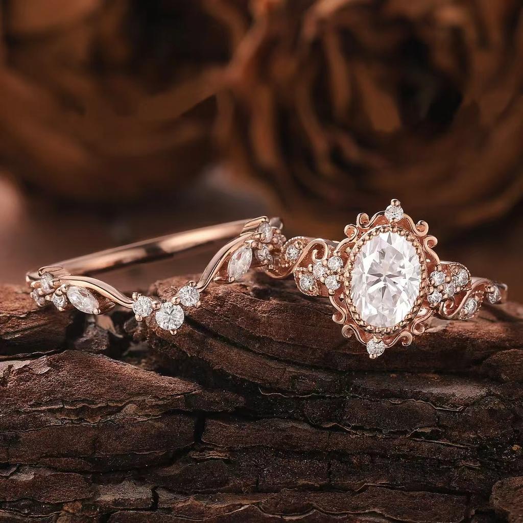 Retro Oval Moissanite Stackable Ring Set | Floral Vine Engagement Bride Ring Set In Rose Gold Color