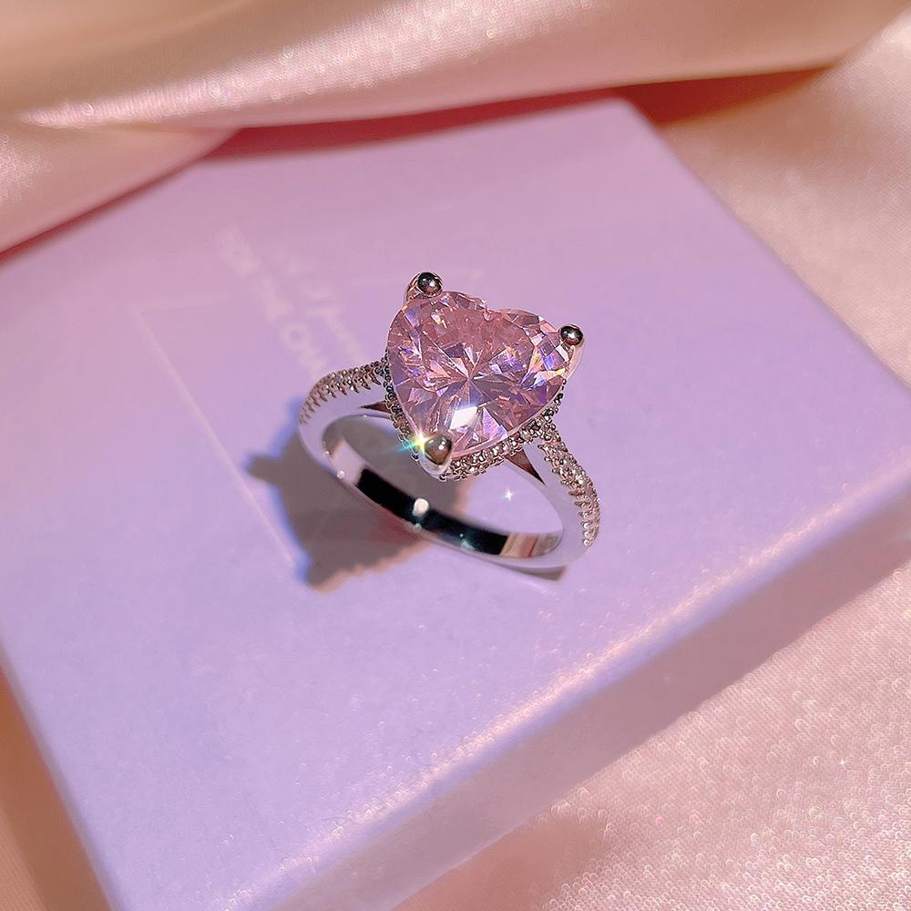 NEW Classic 925  Inlaid Zircon Engagement Ring Pink Crystal Women Shiny Zircon Jewelry Heart-shaped Pink Women's Ring