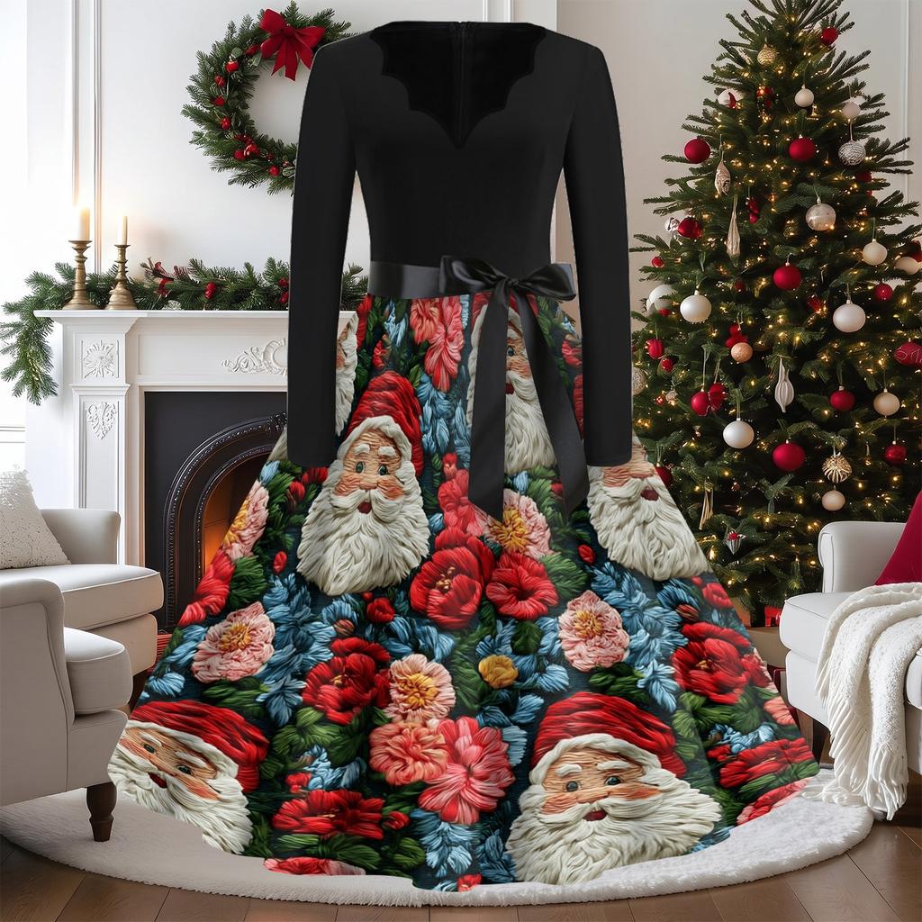 Women's Casual Vintage V-Neck Long Sleeve Dress with Christmas Print