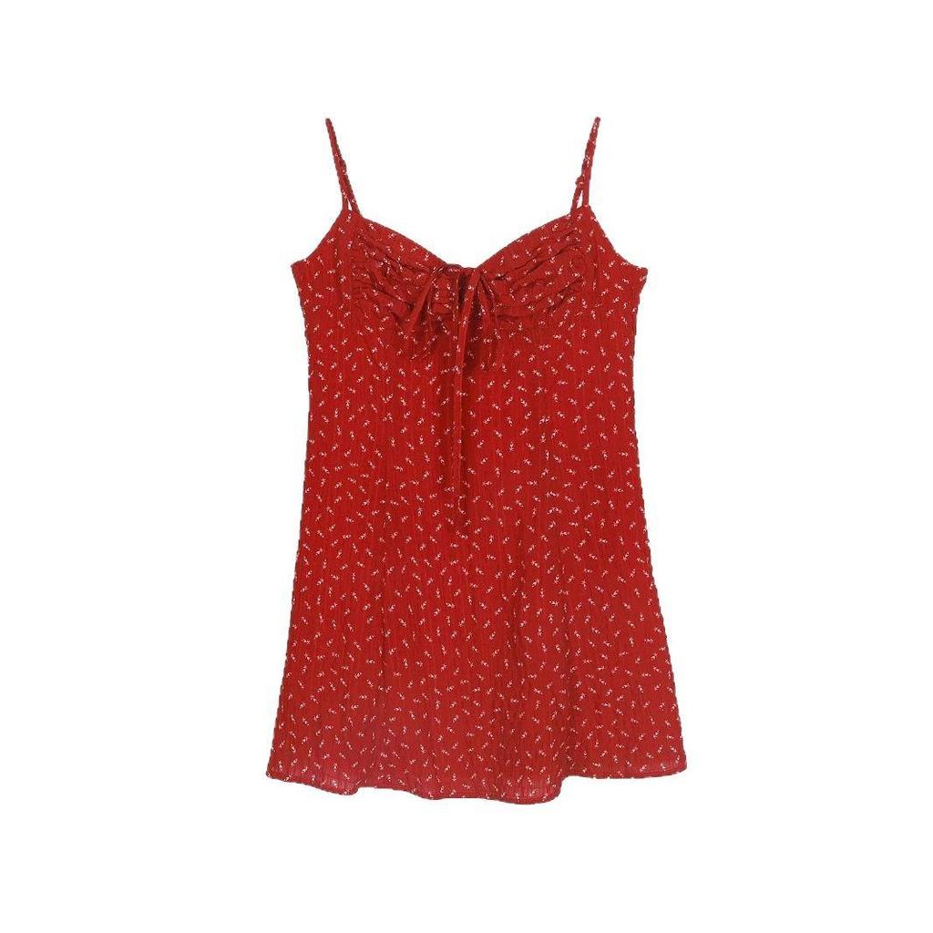 Retro Spicy Girl Red Pleated Spaghetti Strap A-Line Mini Dress - Women's Summer Vacation Slimming Waist Style