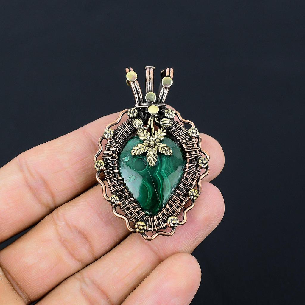 Amazing Malachite Gemstone Handmade Pure Copper Wire Wrapped Pendant Jewelry