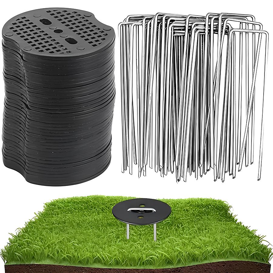 30-50pcs U-Shaped Ground Stakes with 3-Holes Round Washer Lawn Turf Nails Garden Fabric Stakes for Fix Fabrics Weed Patio Tents