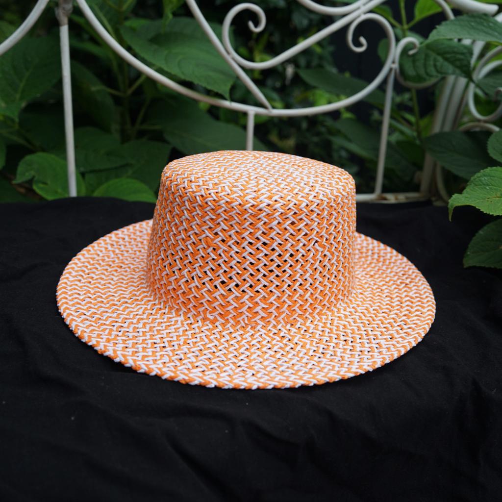 Korean Version Of Casual Girl Pink Woven Flat Top Top Hat Women'S Summer Sunshade Sunscreen Travel Vacation Beach Straw Hat