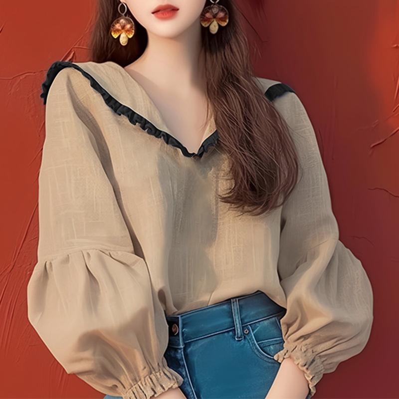 VONDA Women Casual Lace Lapel Long Sleeve Blouses