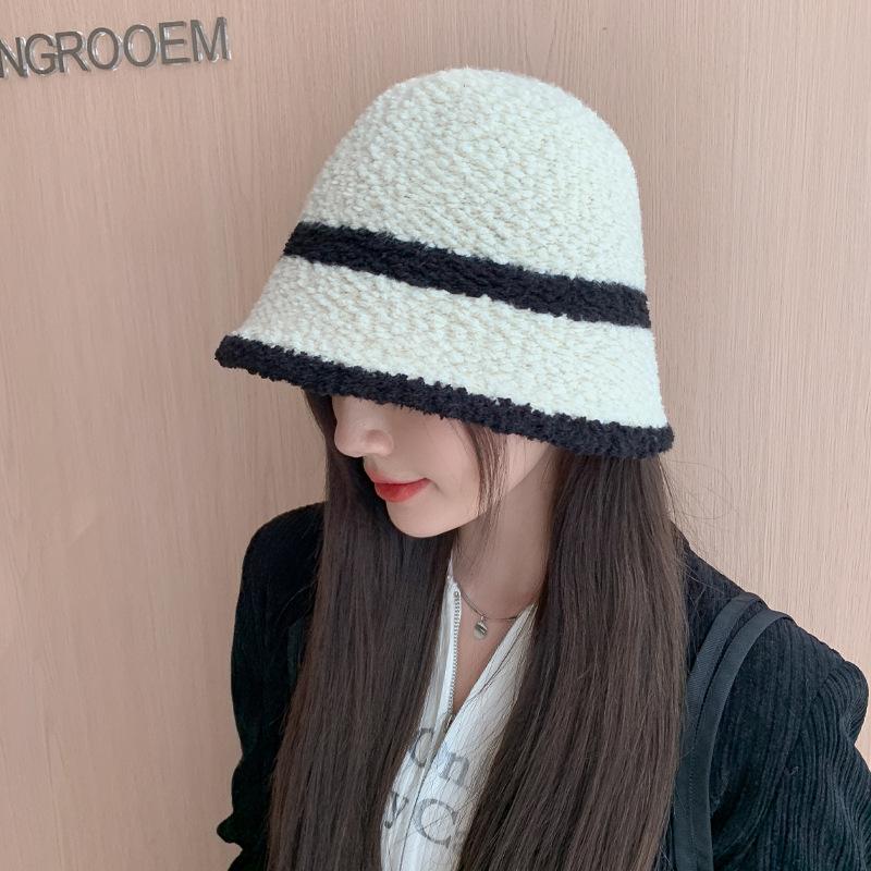 Autumn and winter big head circumference hat female plain bucket hat female winter warm washbasin hat solid color striped bucket hat