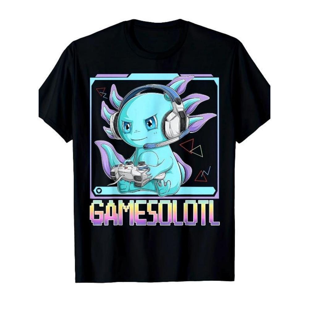 

European Sizes Men s Retro Kawaii Cute Style T-Shirt - Funny Video Game Axolotl Graphic Tee, Casual Short Sleeve Shirt Casual Comfortable Shirt S чёрный
