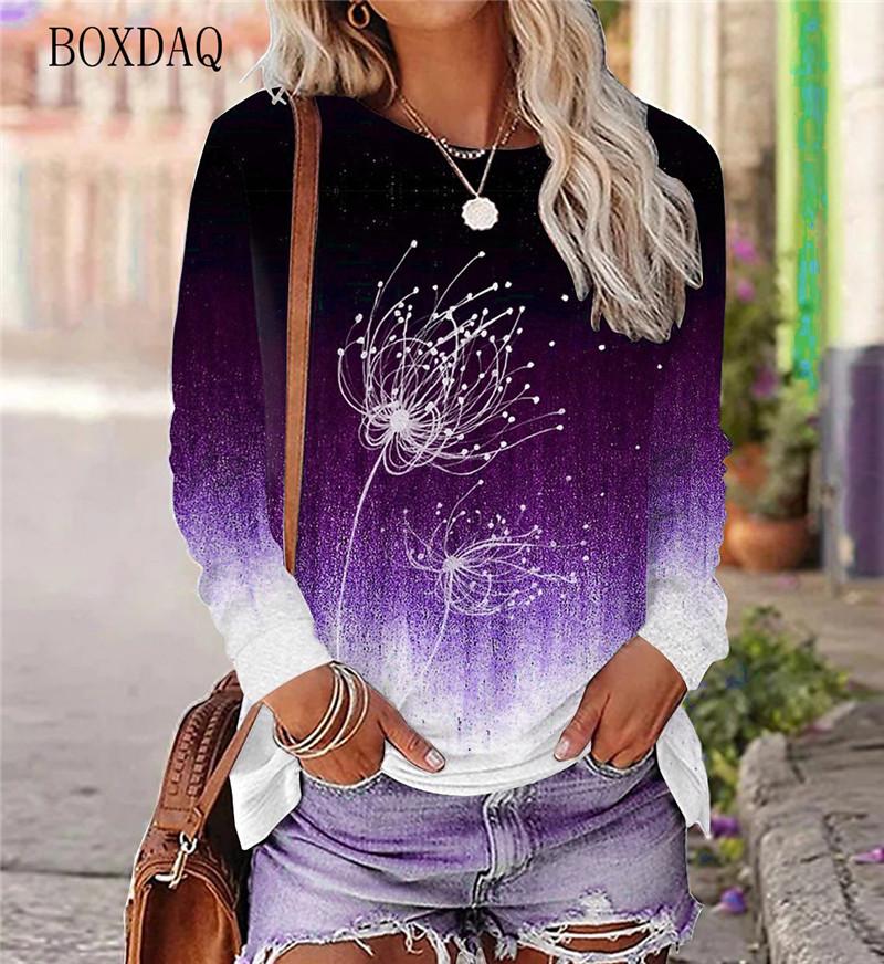 Dandelion Pattern Women's T-shirt Spring and Autumn Long Sleeve Gradient Round Neck Top