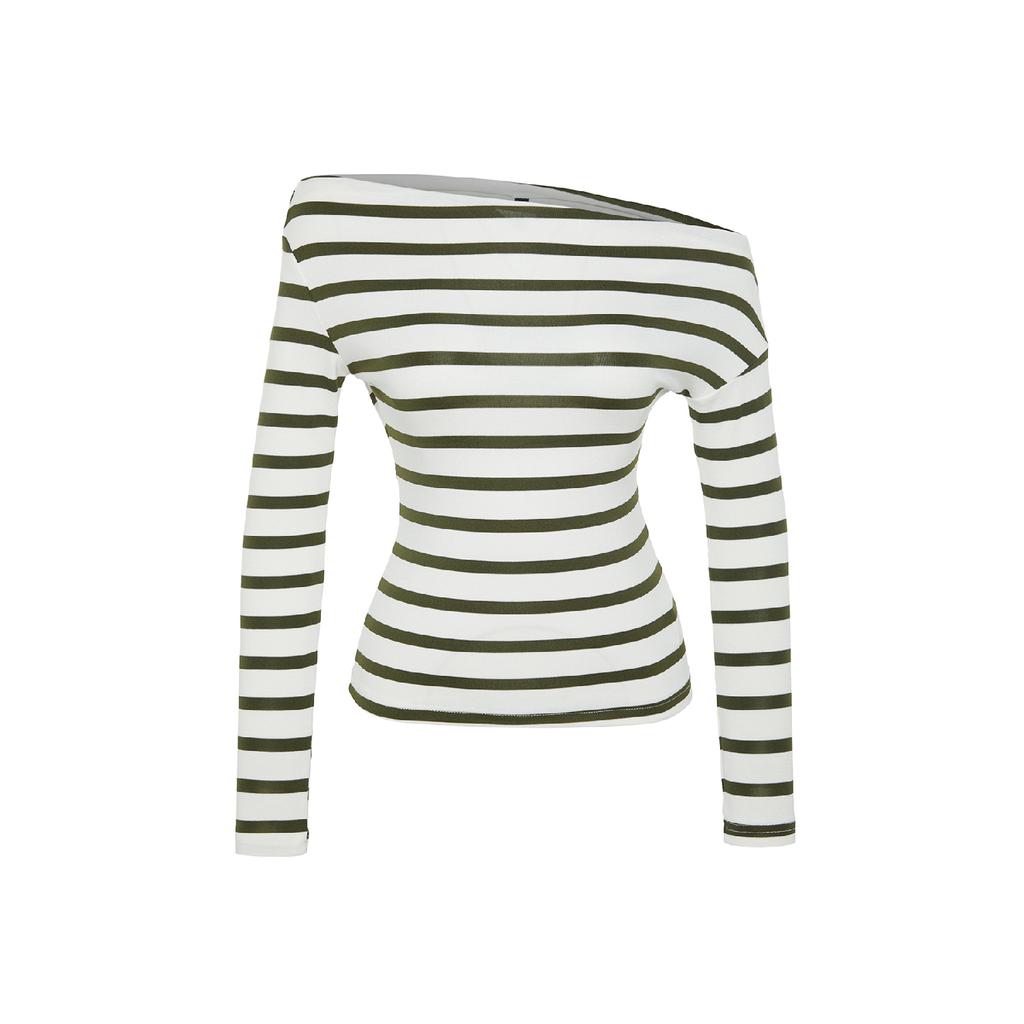 Marineblau gestreifte, hochwertige, weiche Strickbluse mit U-Boot-Ausschnitt und taillierter Passform Twoaw24bz00227