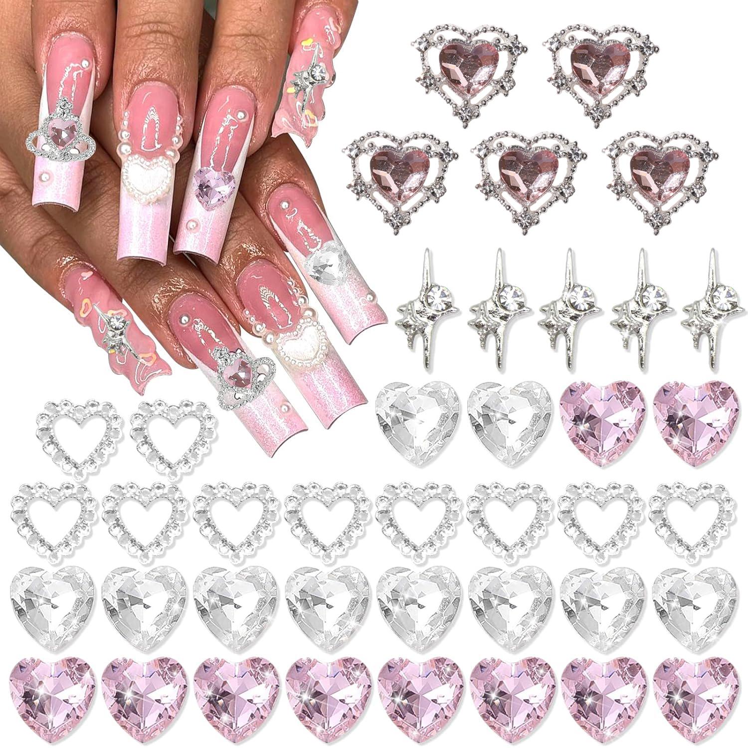 

40PCS Pink Nail Charms 3D Heart Charms Valentine s Day Silver Starlight Nail Decorations Shiny Nail Gems Rhinestone Multi Style