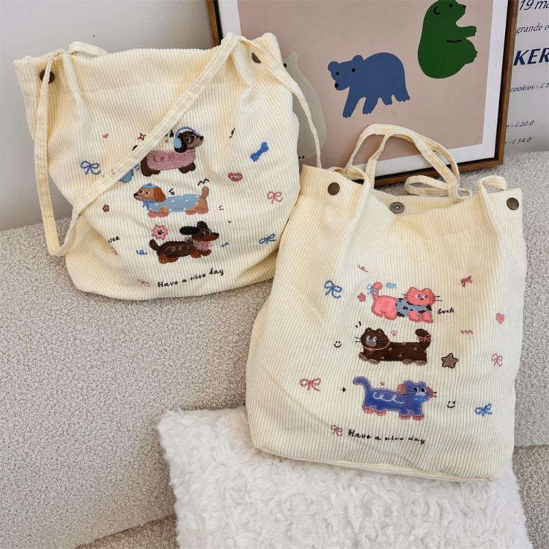 Cute Cartoon Puppy Embroidery Autumn and Winter Corduroy Bag Female Class Bag Student Large Capacity Shoulder Bag