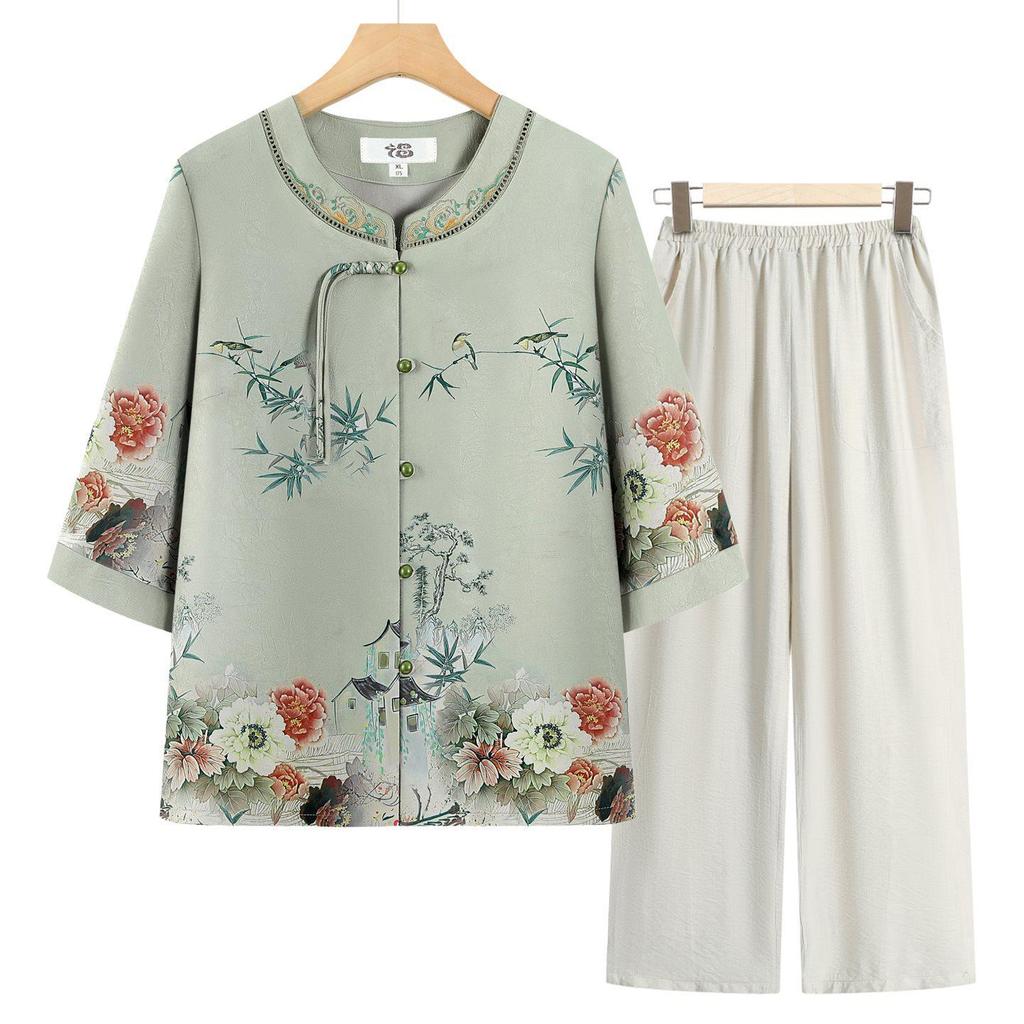 Stylish Summer Set for Women: Chinese-Inspired Short-Sleeve Top and Pants for Middle-Aged and Elderly Ladies