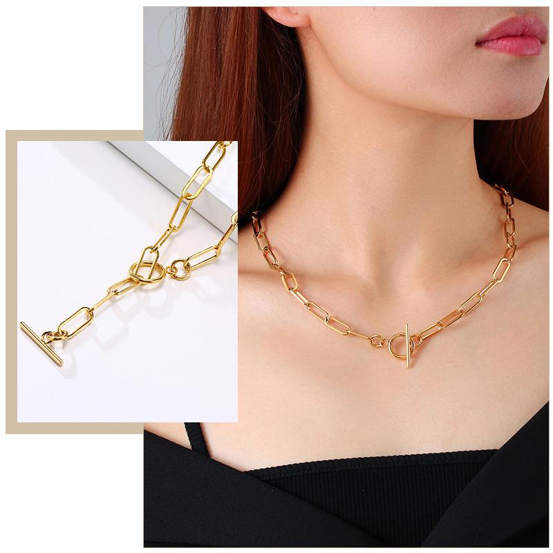 Chic Rectangle Chain Necklaces for Women,Gold Color Stainless Steel Paperclip Link Choker with Toggle Clasp, Party Gifts for Her