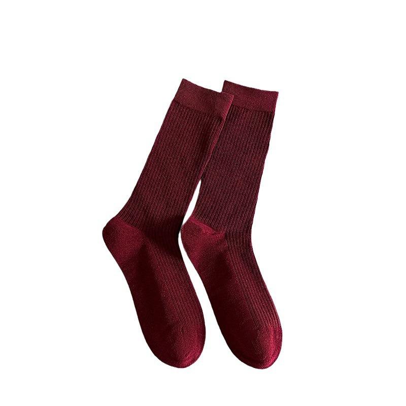 Ankela Red Socks Women's Mid-calf Wine Red Autumn and Spring Collection Red Pile Socks Polka Dot Angola Red