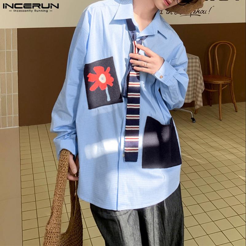 INCERUN Oversized Men Lapel Neck Long Sleeve Floral Print Plaid Casual Shirts Tops