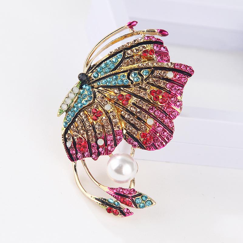 Fashion Coloured Diamonds Oil Drop Enamel Large Butterfly Insect Pearl Brooch Jewelry Corsage Pins Accessories