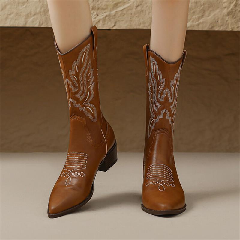 Fashion Autumn Winter Split Leather Women Boot Fashion Embroidery PointedToe Boots for Women Mid-calf Boots Botines Mujer Knight Boots