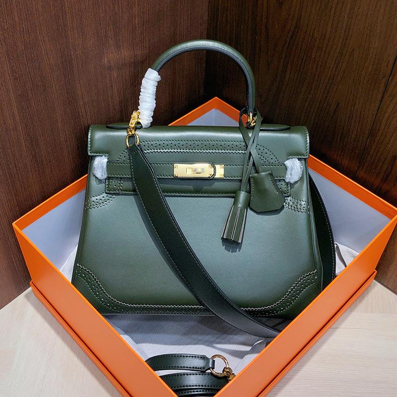 European and American Retro Fubao Leather Keli Bag Wide Shoulder Strap Leather Handbag Women's Fashion Casual Lock Single Shoulder Messenger Bag