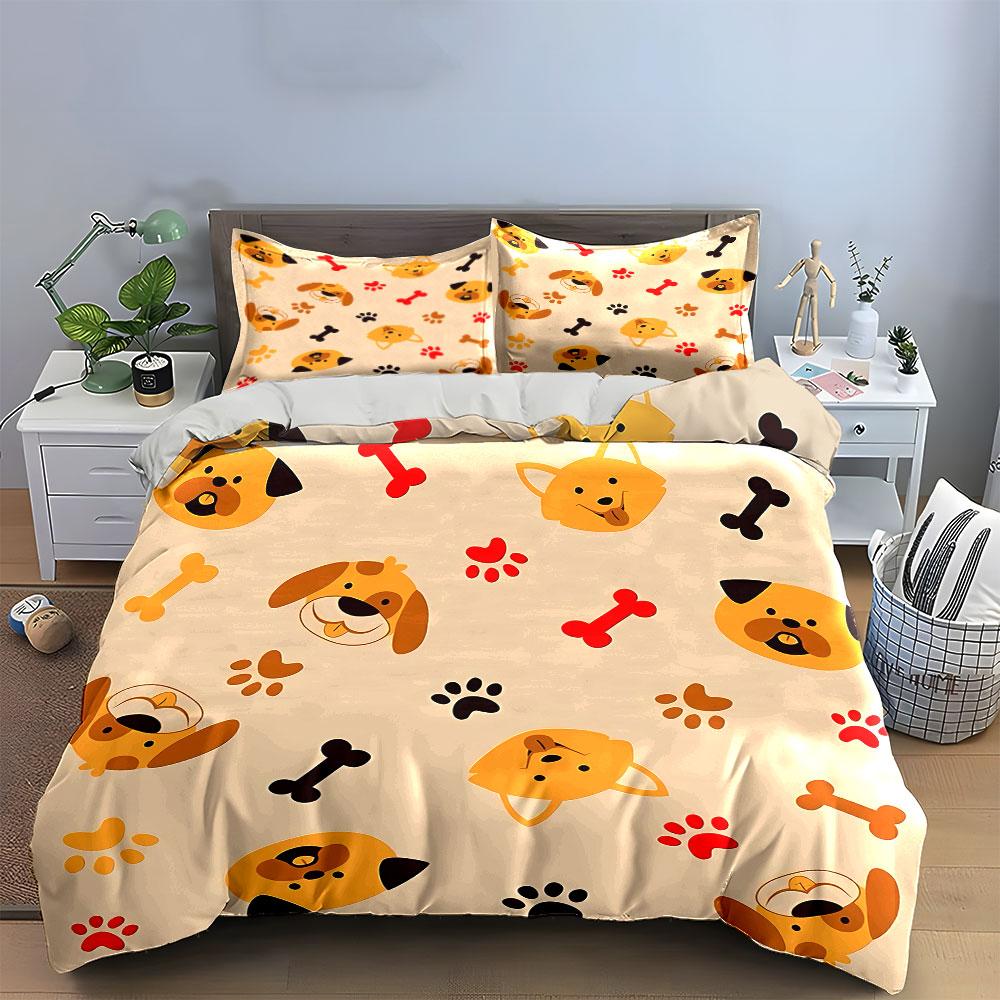 Cute Dog Faces and Paw Prints Bedding Duvet Cover Set Duvet Cover Pillowcases (1*Duvet Cover 2*Pillowcases, without duvet insert)