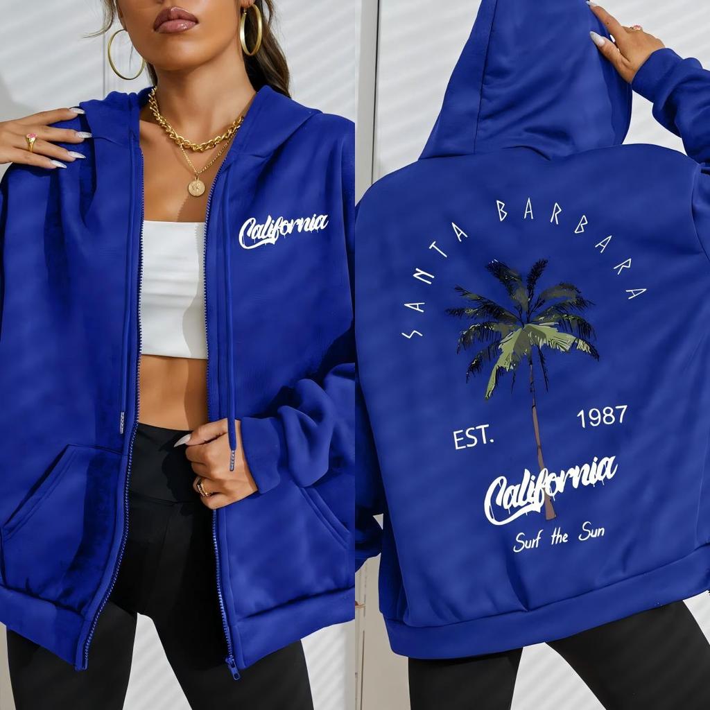 Galafonia Coconut Palm Santa Barbara Print Female Zipper Hoody Hip Hop Fleece Hoodies Streetwear Women Clothing
