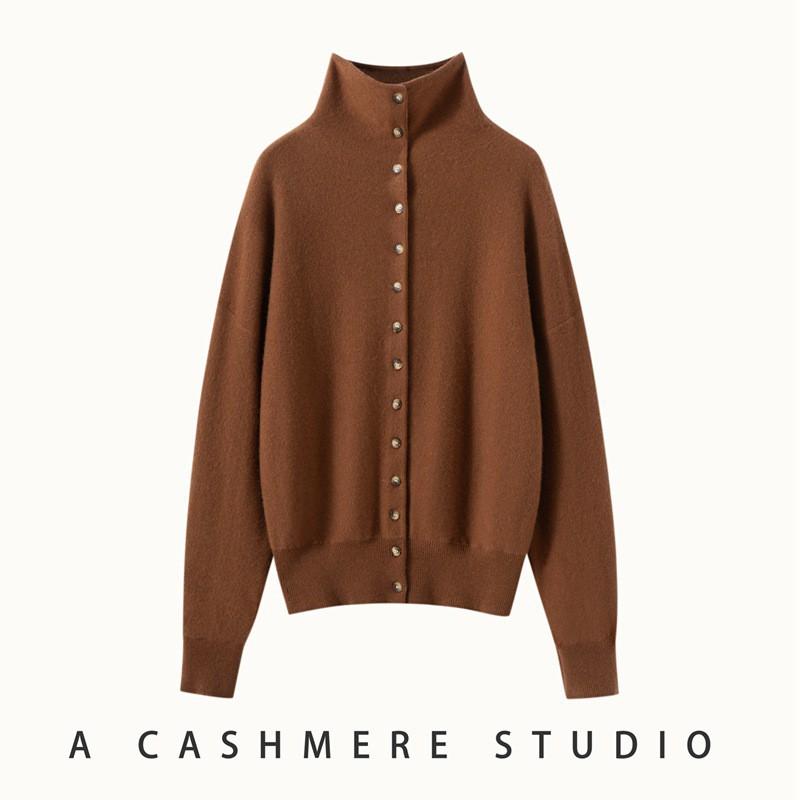 Womens Cashmere Blend Knit Cardigan High Neck Loose Fit Winter Coat Single Row Multi Button