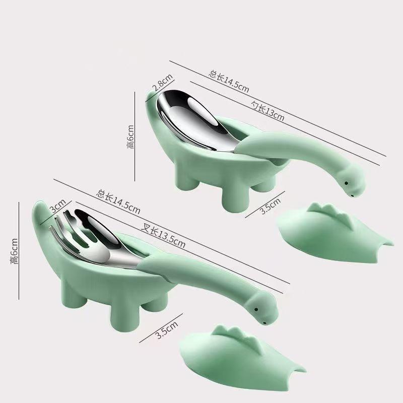 

Dinosaur Baby Feeding Tableware Set Child Utensil Stainless Steel Toddler Cutlery Cartoon Infant Food Feeding Spoon Fork зелёный