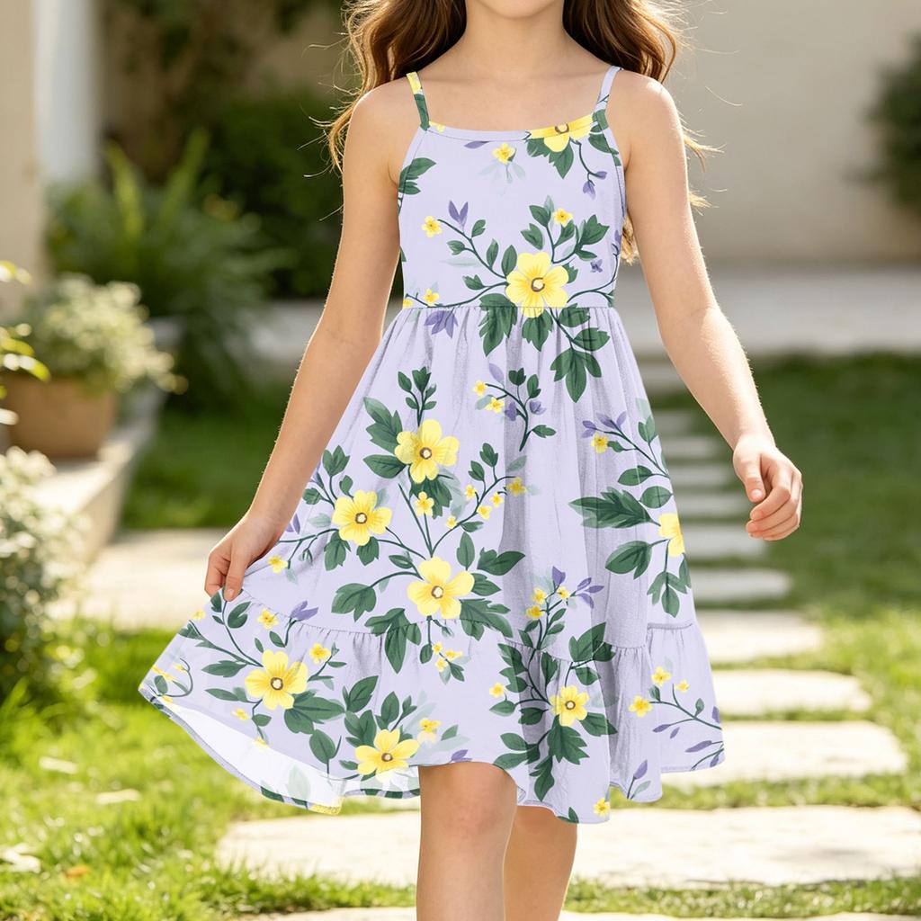 Girls Casual Princess Floral Print Spaghetti Strap Sleeveless Dress for Summer