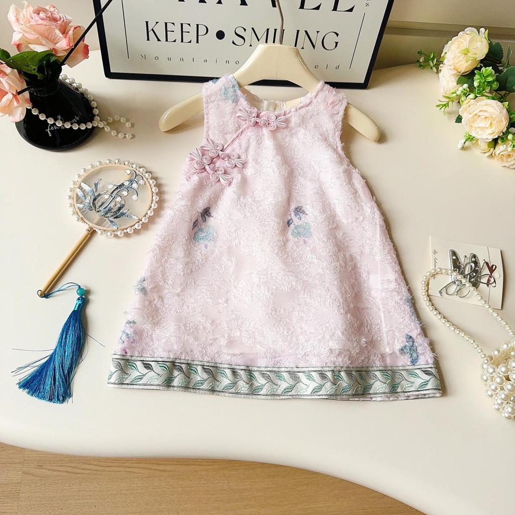 Sommer Hanfu Kleid für Mädchen ärmellos mit Froschknöpfen