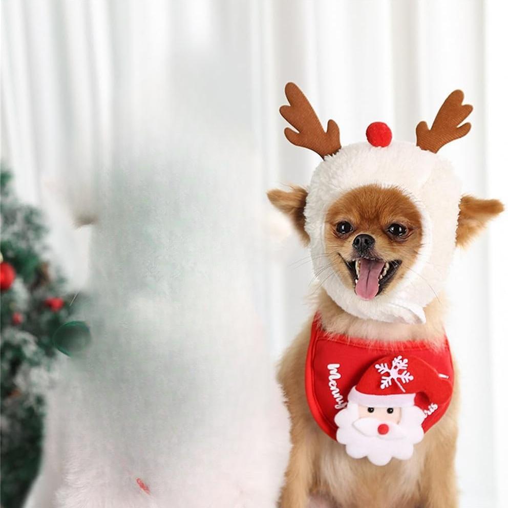 

Очаровательная шапка-помпон в виде рождественской елки, регулируемый головной убор Санты и оленя в виде рождественской елки для питомцев со звездой и помпонами Medium белый