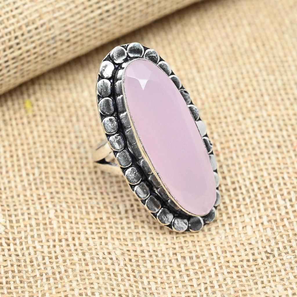 Solid 925 Sterling Silver Pink Chalcedony Gemstone Handmade Ring Dainty Jewelry