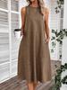 Women's Round Neck Sleeveless Midi Dress Loose Fit High Waist Casual A-Line Dress With Pockets