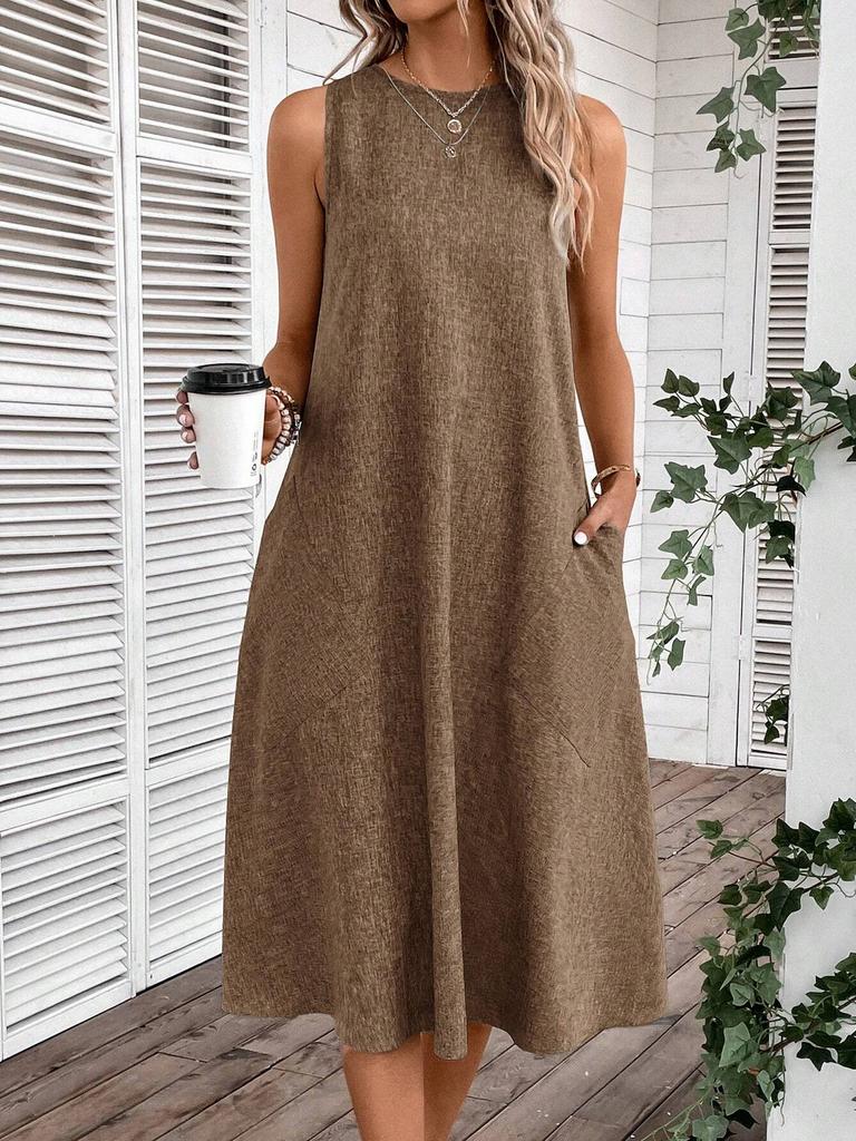 Women's Round Neck Sleeveless Midi Dress Loose Fit High Waist Casual A-Line Dress With Pockets