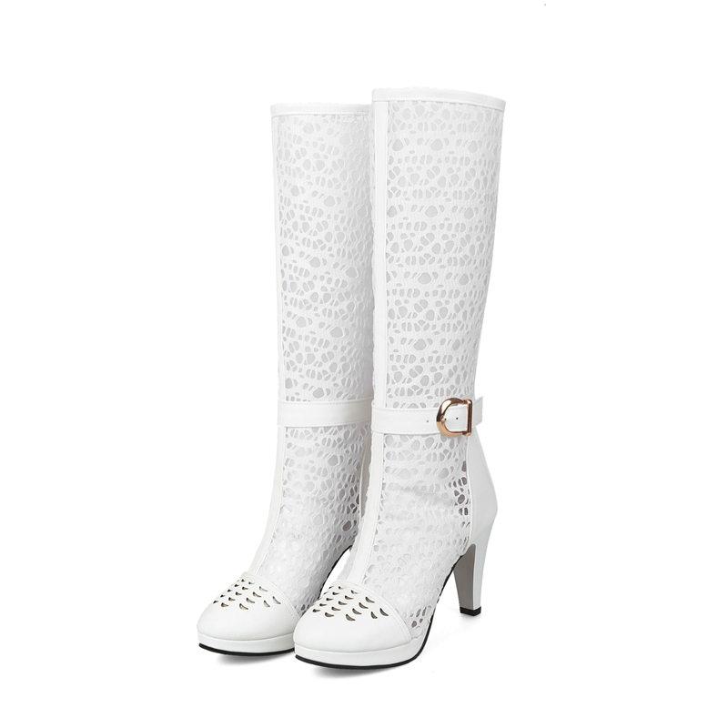 

Женские крутые сапоги на высоком каблуке, сексуальные в европейском и американском стиле, сапоги на тонком каблуке, полые, большого размера, среднего размера 46 белый