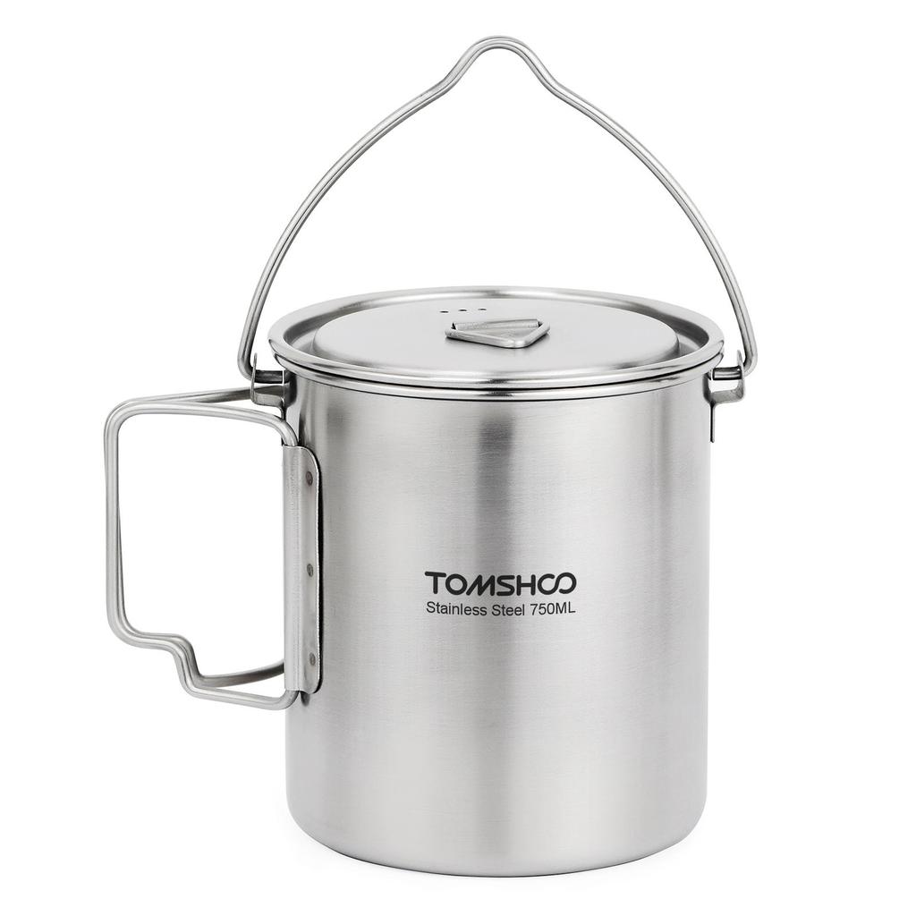 TOMSHOO 750 ml Edelstahl-Topf, tragbarer Wasserbecher, Tasse mit Deckel und faltbarem Griff, Outdoor, Camping, Kochen, Picknick