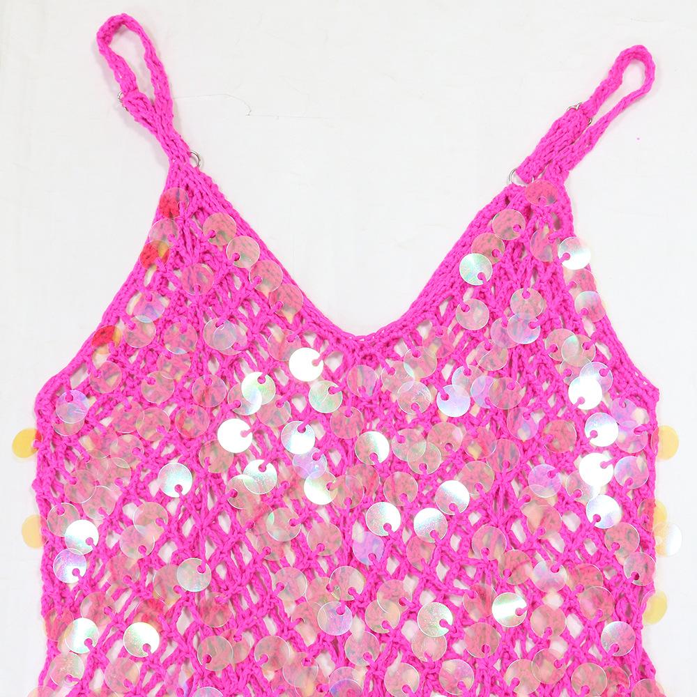 Women's Sequined Halter V-neck Dress Sexy Halter Tassel Dress