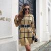 New Fall Winter Women Loose Knitted Long Sleeve Sweater Dress Plaid Contrast Color Bottoming Sizes S to L
