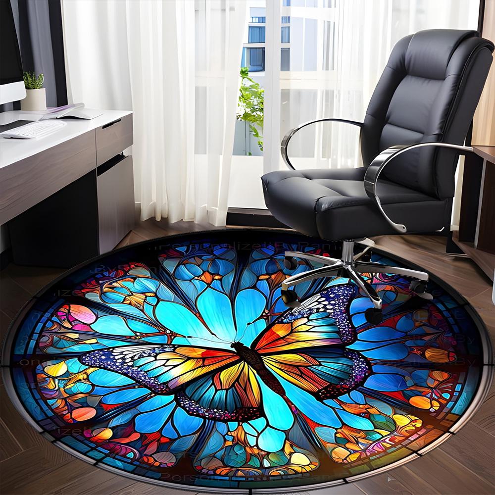1pc Butterfly Stained Glass Chair Carpet for Office Non Slip, Machine Washable Rug for Office, Room Holiday Decor for Christmas, Birthday Polyester