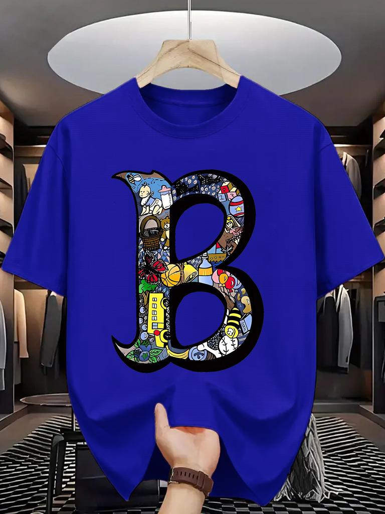 Letní pánské 100% bavlněné sportovně-ležérní módní volné nadměrné velikosti kreativní s potiskem písmena B kulatý výstřih krátký rukáv tričko top