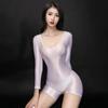 Sexy Women Smooth Glossy Shiny Bodysuit Spoon Neck Tshirt Jumpsuit Boxer Shorts Catsuit See-Through Crotchless Leotards Cos Ootd