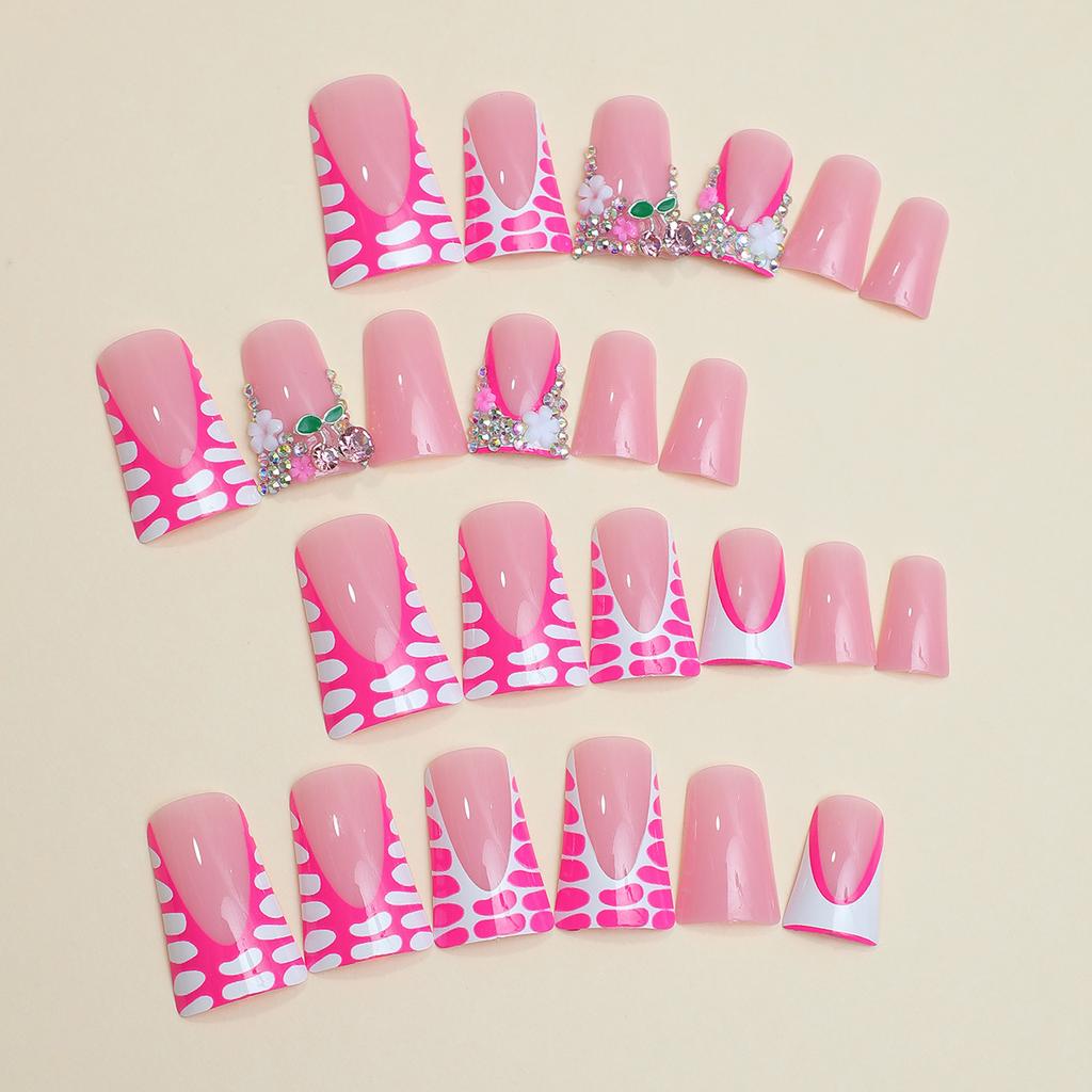 24pcs/set French Edge Duckbill Shape Wearable Nail Shattered Diamonds Cherry Nail Art Patch Fake Nails Nails Patch