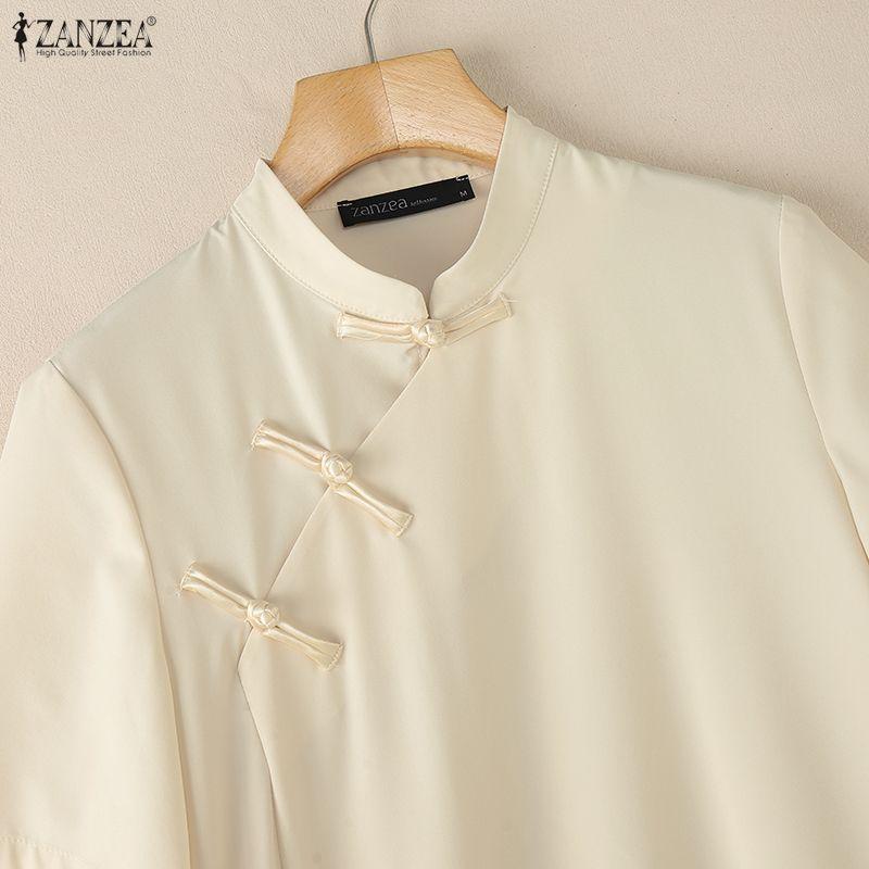 ZANZEA Damen Freizeit Stehkragen Sommer Kurzarm Kleid