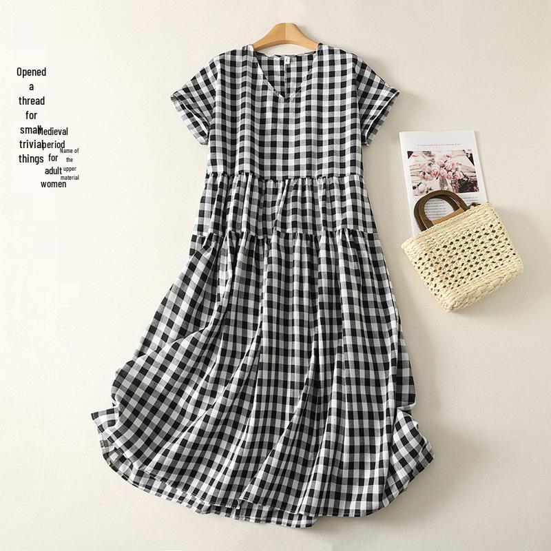 Women's Short Sleeve Plaid Shirt Dress - Fashionable, Loose-Fit, Slimming Cotton and Linen Design