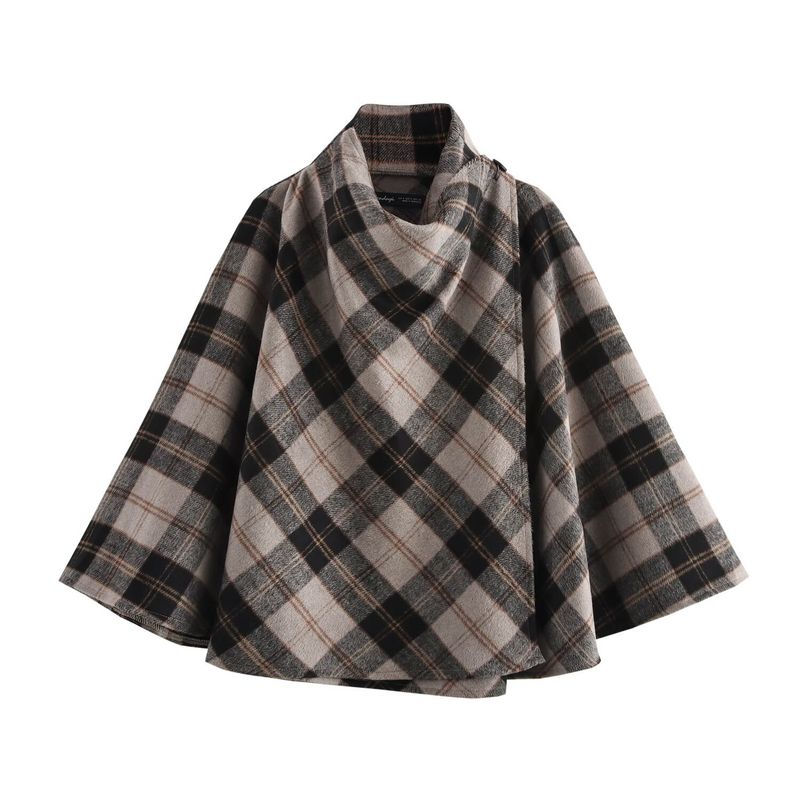 

Foreign Order Tail Goods Fashion Style Graceful and Fashionable Stand Collar Short Plaid Woolen Loose Cape Coat Shawl Outer Match Picture color One size