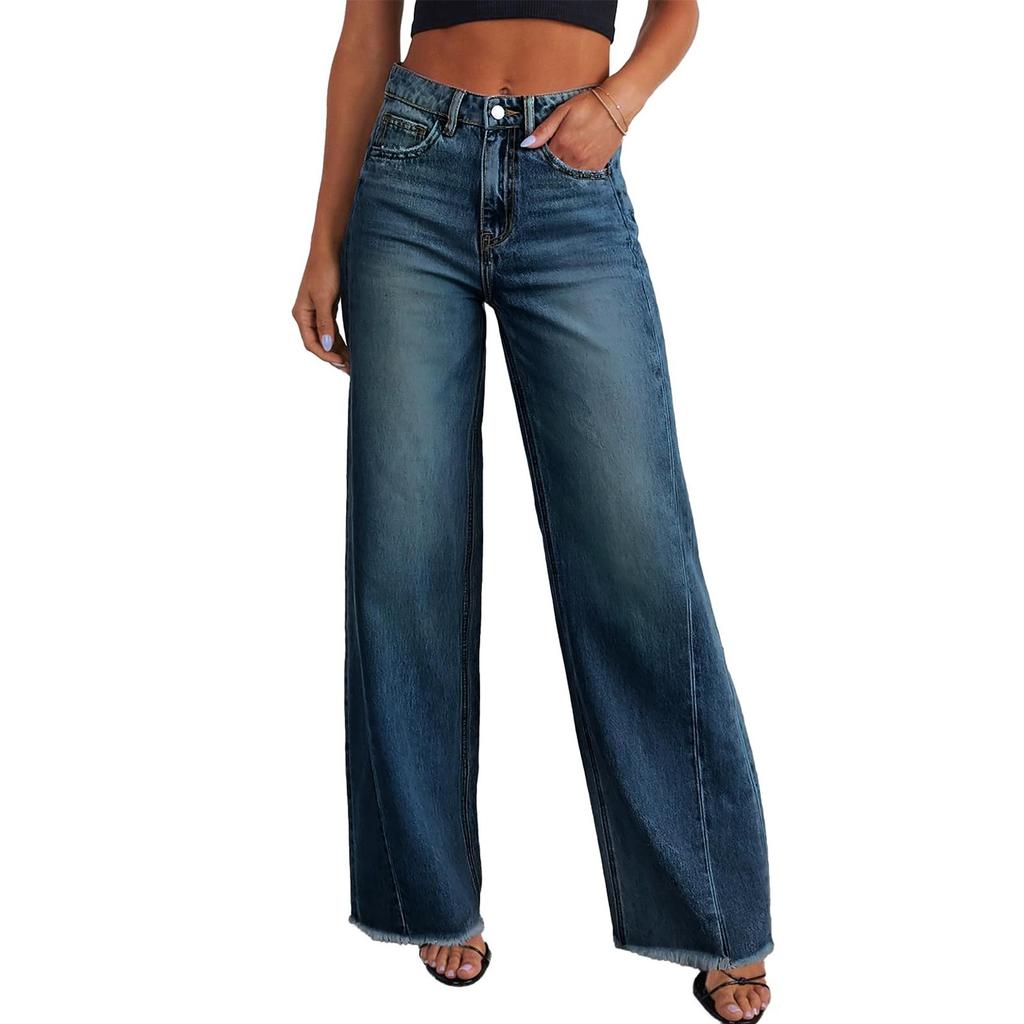 Women's Jeans Casual And Fashionable Straight Leg Elastic Fringed Denim Pants