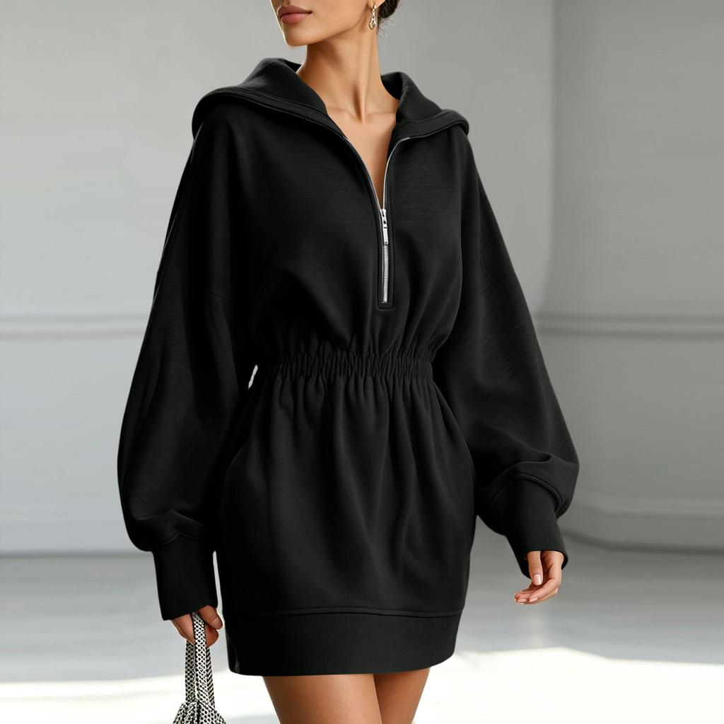 Women's Color Long Sleeve Zip Up Hoodie Dress with Waist