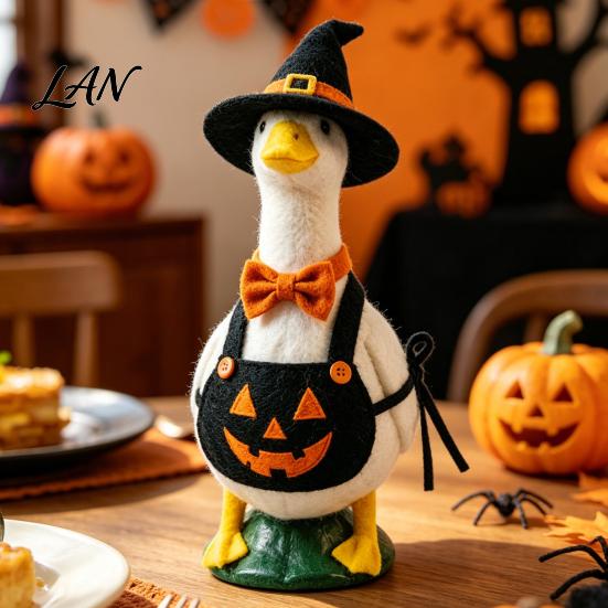 Fall Porch Ornament Halloween Mini Desk Goose Statue, Cute Small Figurine with Stable Base Statue Pumpkin Apron And Wizard Hat for Home Office