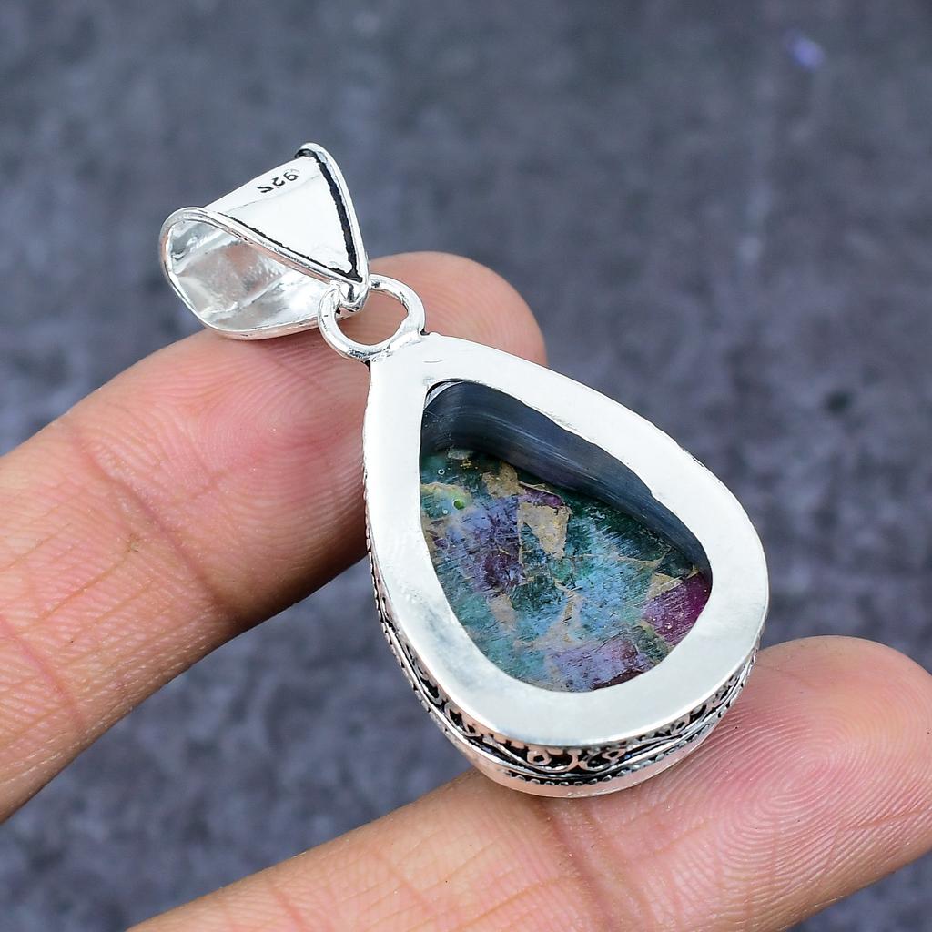 Natural Copper Ruby Zosite 925 Sterling Silver Jewelry Pendant 1.97" ET-4789