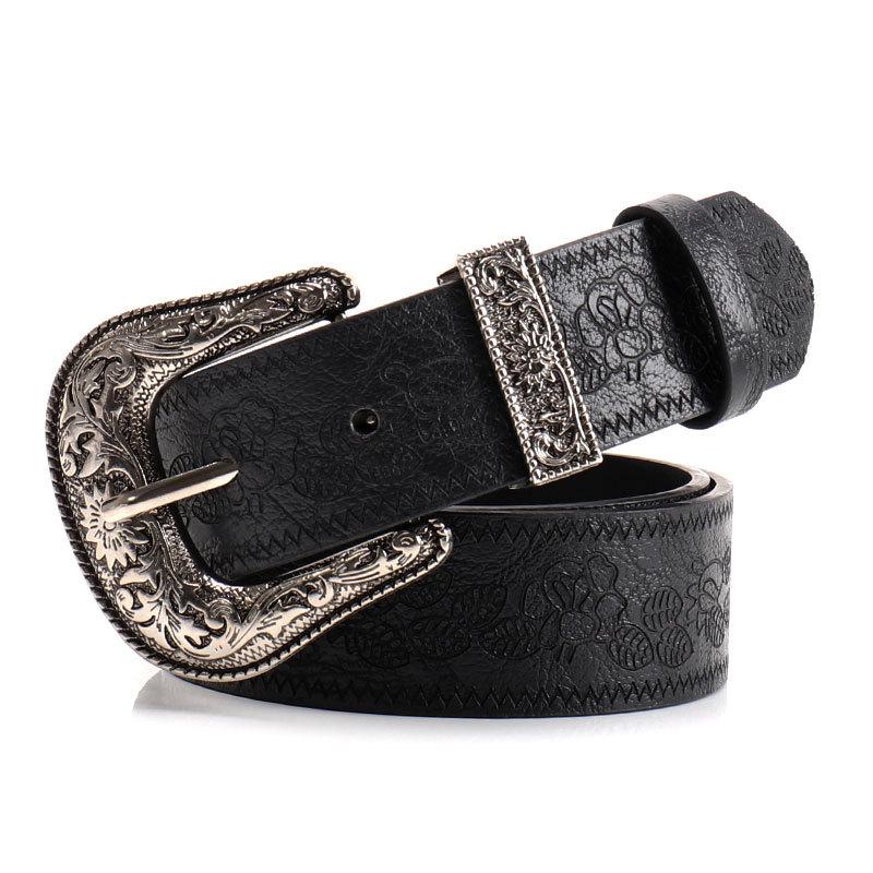 Stylish and Edgy Retro Embossed Women’s Belt Trendy “It Girl” Subculture Women’s Versatile Leather Belt with Bull Pin Buckle