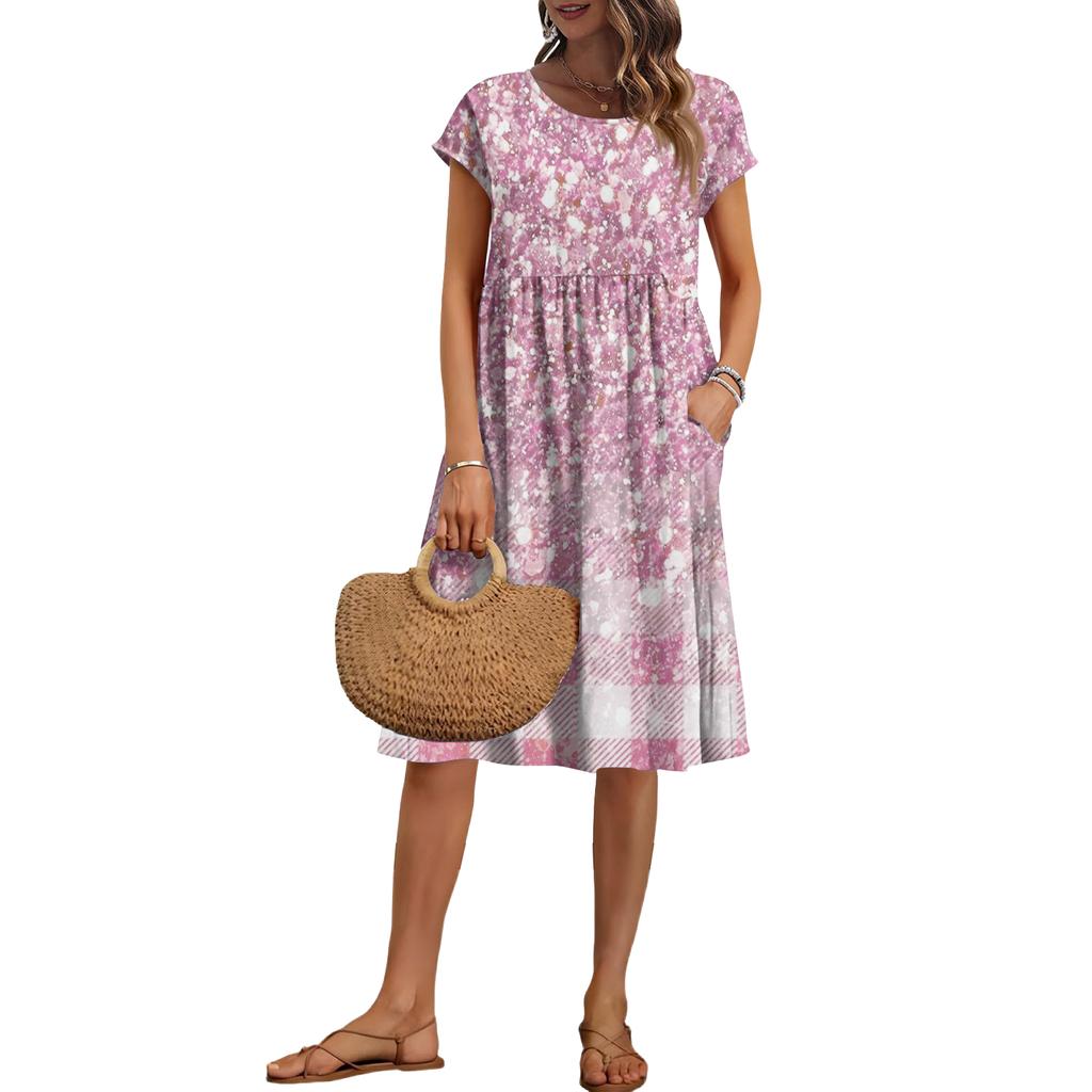Women's Summer Fashion Casual Round Neck Short Sleeve Plaid Print Dress