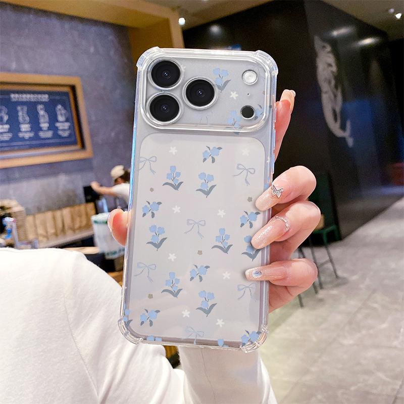Mori Light Blue Floral Transparent Four Corners Anti-drop Apple 12/13promax Summer Mobile Phone Case Girls High Value