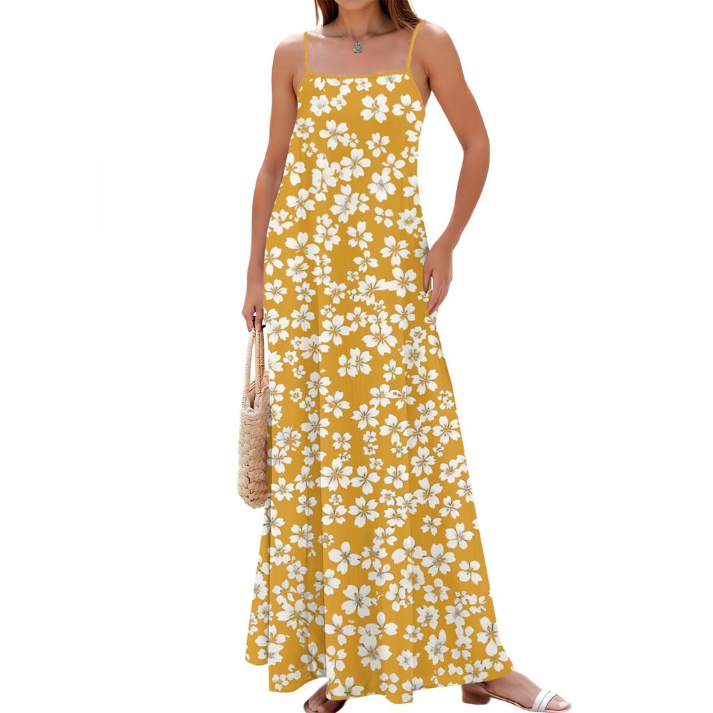 Women's Spring And Summer Casual Fashion Adjustable Suspender Printing Long Dress